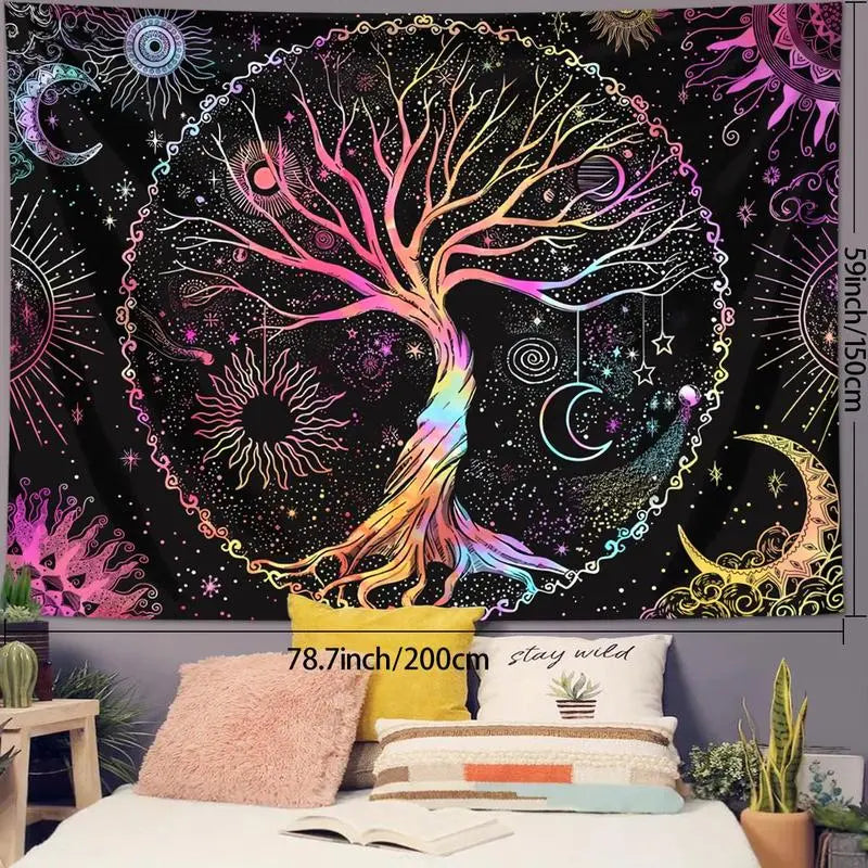 Tree Of Life Pattern Tapestry, 1 Count/2 Counts Bohemian Style Wall Hangg, Fantasy Starry Sky Moon Phase Sun Tapestry, Bedroom Aesthetic Wall Art, Decor