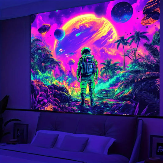 Interstellar Astronaut Tapestry - UV Reactive Polyester Party Backdrop, Glow in the Dark Space Adventure Wall Hanging, Summer Holiday Decor, No Electricity Needed