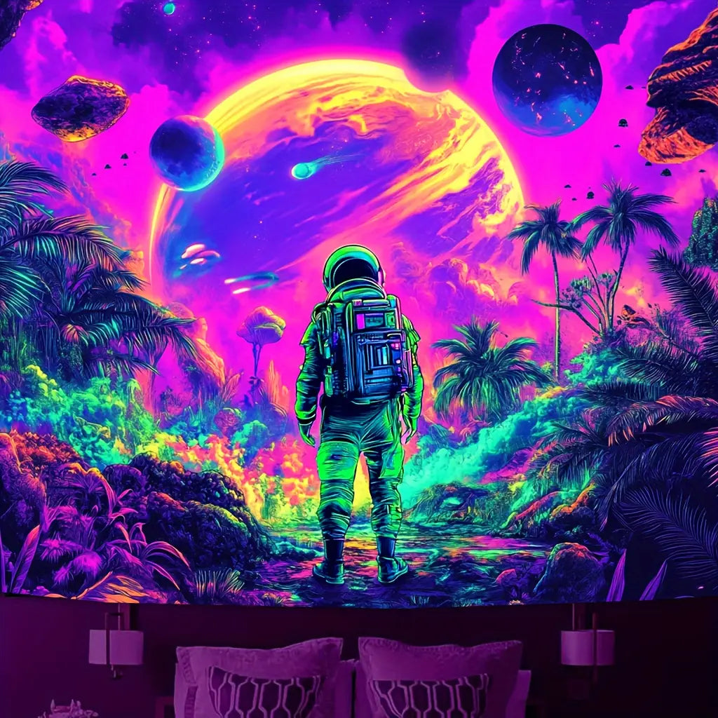 Interstellar Astronaut Tapestry - UV Reactive Polyester Party Backdrop, Glow in the Dark Space Adventure Wall Hanging, Summer Holiday Decor, No Electricity Needed