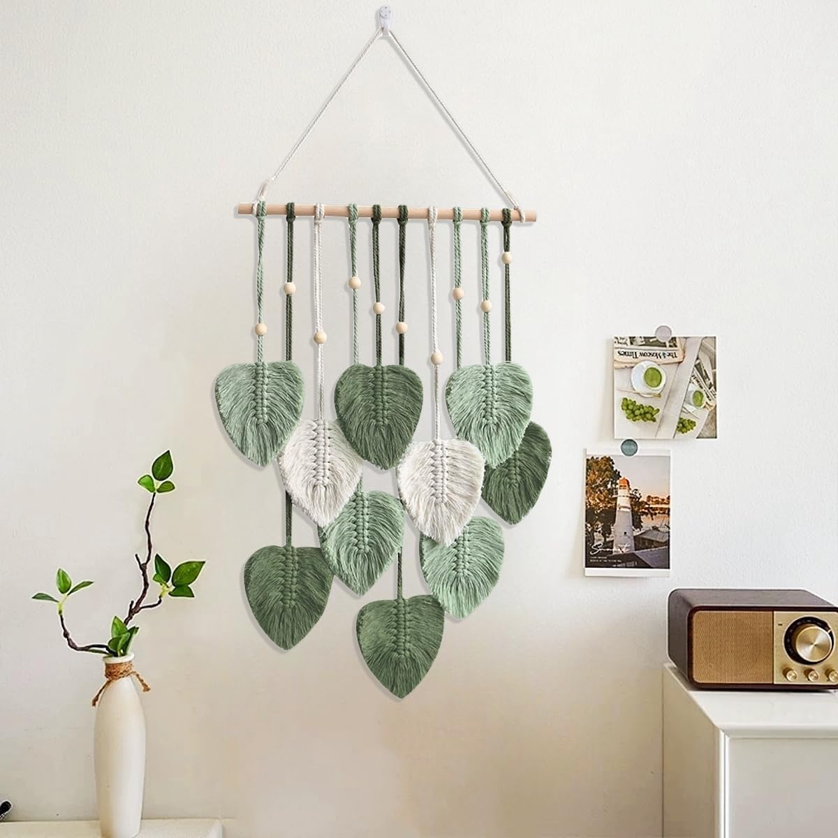 Avoik Macrame Wall Hanging Boho Woven Tapestry Handmade Home Wall Decor Bohemian Leaf Modern Chic Wall Art Green Feather Decorations for Living Room Bedroom Apartment Nursery Farmhouse Backdrop
