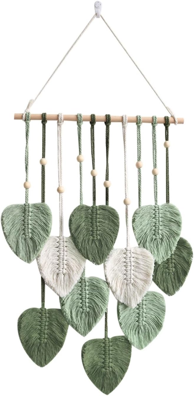 Avoik Macrame Wall Hanging Boho Woven Tapestry Handmade Home Wall Decor Bohemian Leaf Modern Chic Wall Art Green Feather Decorations for Living Room Bedroom Apartment Nursery Farmhouse Backdrop