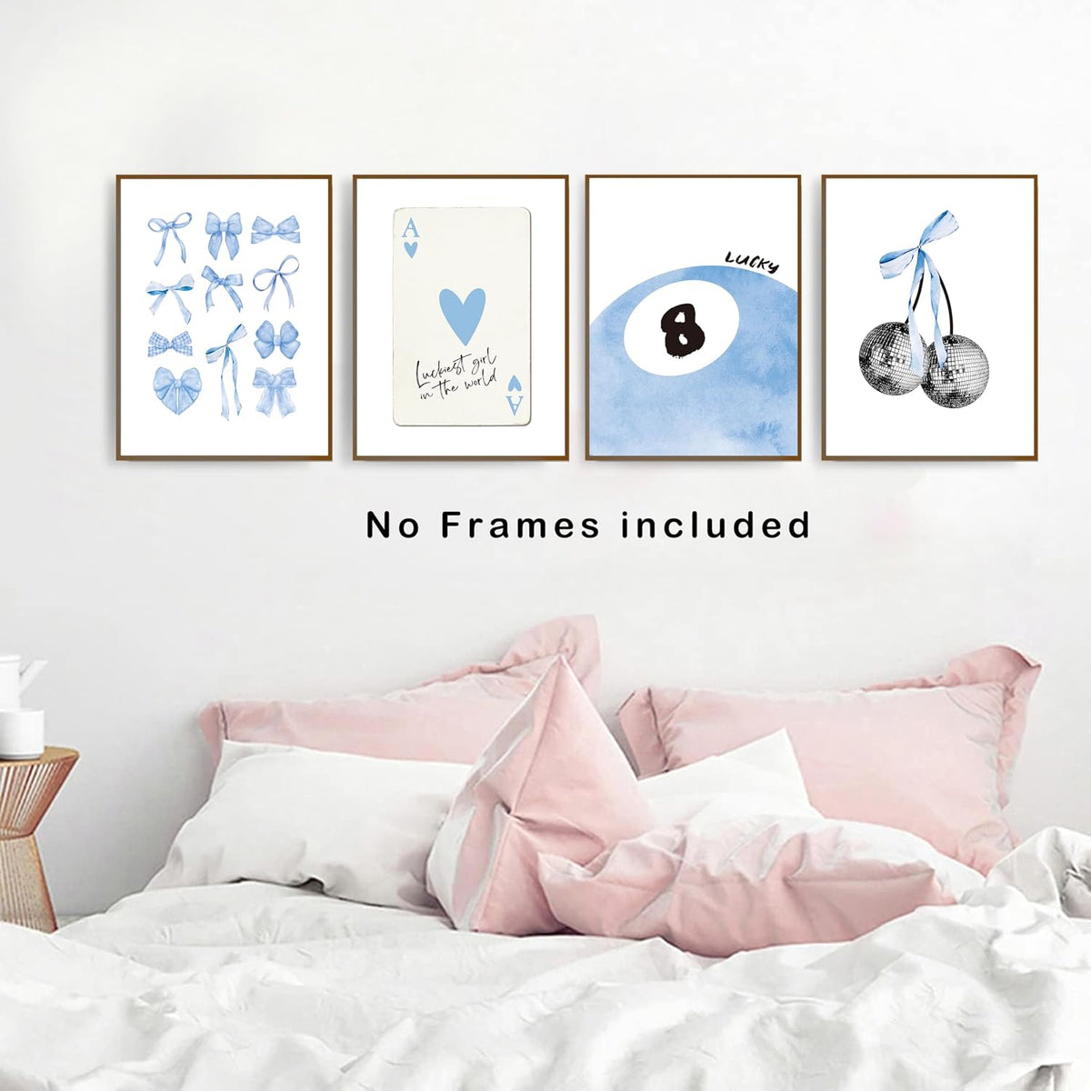 okaxscm Light Blue Coquette Trendy Preppy Wall Art Prints Set of 4,Coquette Preppy Room Decor,Blue Bow Disco 8 Ball Cherry Wall Decor Posters for Girls Bedroom Dorm,12x16 Unframed