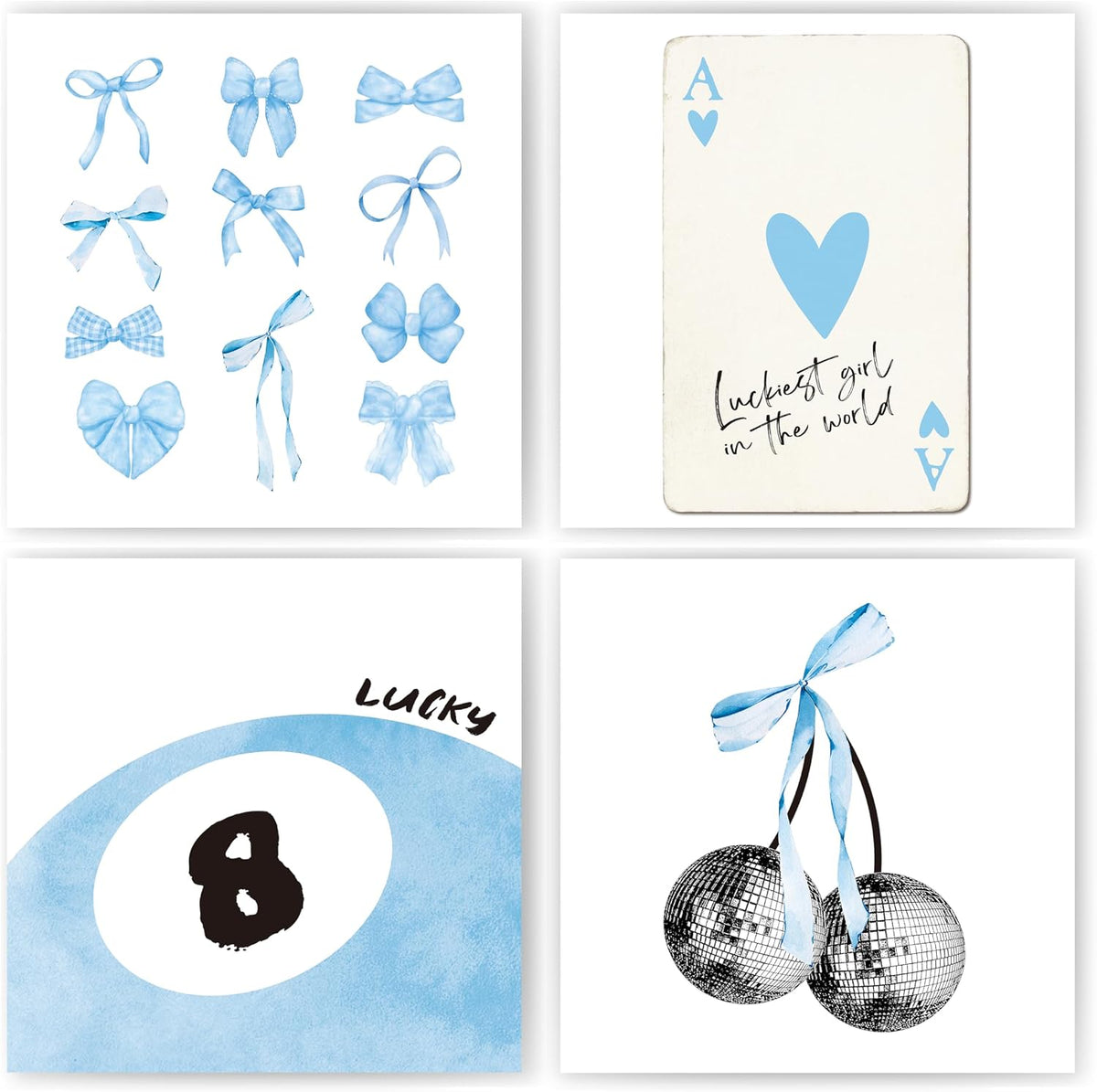 okaxscm Light Blue Coquette Trendy Preppy Wall Art Prints Set of 4,Coquette Preppy Room Decor,Blue Bow Disco 8 Ball Cherry Wall Decor Posters for Girls Bedroom Dorm,12x16 Unframed