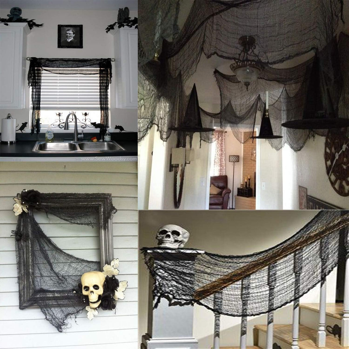 Whaline Halloween Black Creepy Cloth 276 x 87 inch Spooky Halloween Decoration Black Spooky Fabric Cloth Windows Doorways Scary Gauze for Haunted Houses Yard Wall Indoor Outdoor Party Decor Supplies