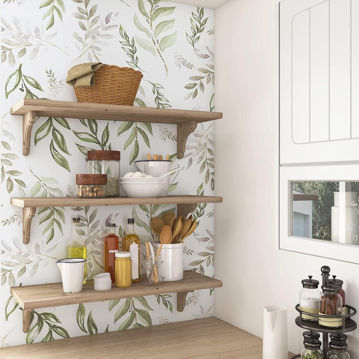 Laatse Light Sage Green Leaf Floral Wallpaper Peel and Stick 17.5"x393"