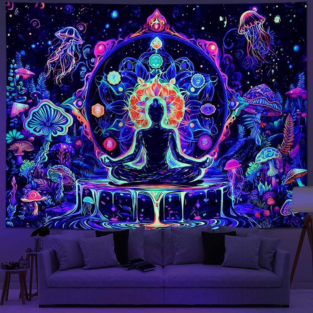 Yuiqear Blacklight Chakra Yoga Meditation Tapestry Mushroom Flower Wall Backdrop UV Reactive Mandala Tapestries Galaxy Space Jellyfish Tapestry Wall Hanging for Bedroom