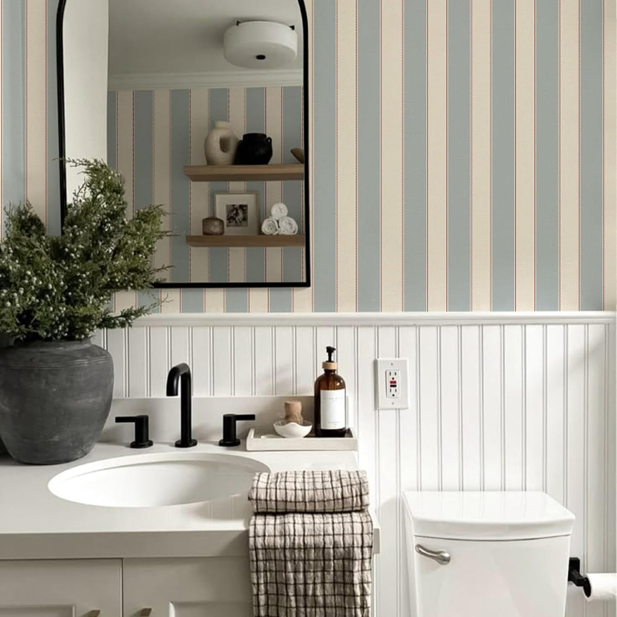 Blue and White Cream Striped Wallpaper Peel and Stick Self-Adhesive Removable Waterproof Wallpaper for Bedroom Kitchen Bathroom (Blue, 17.32"x 118.11")