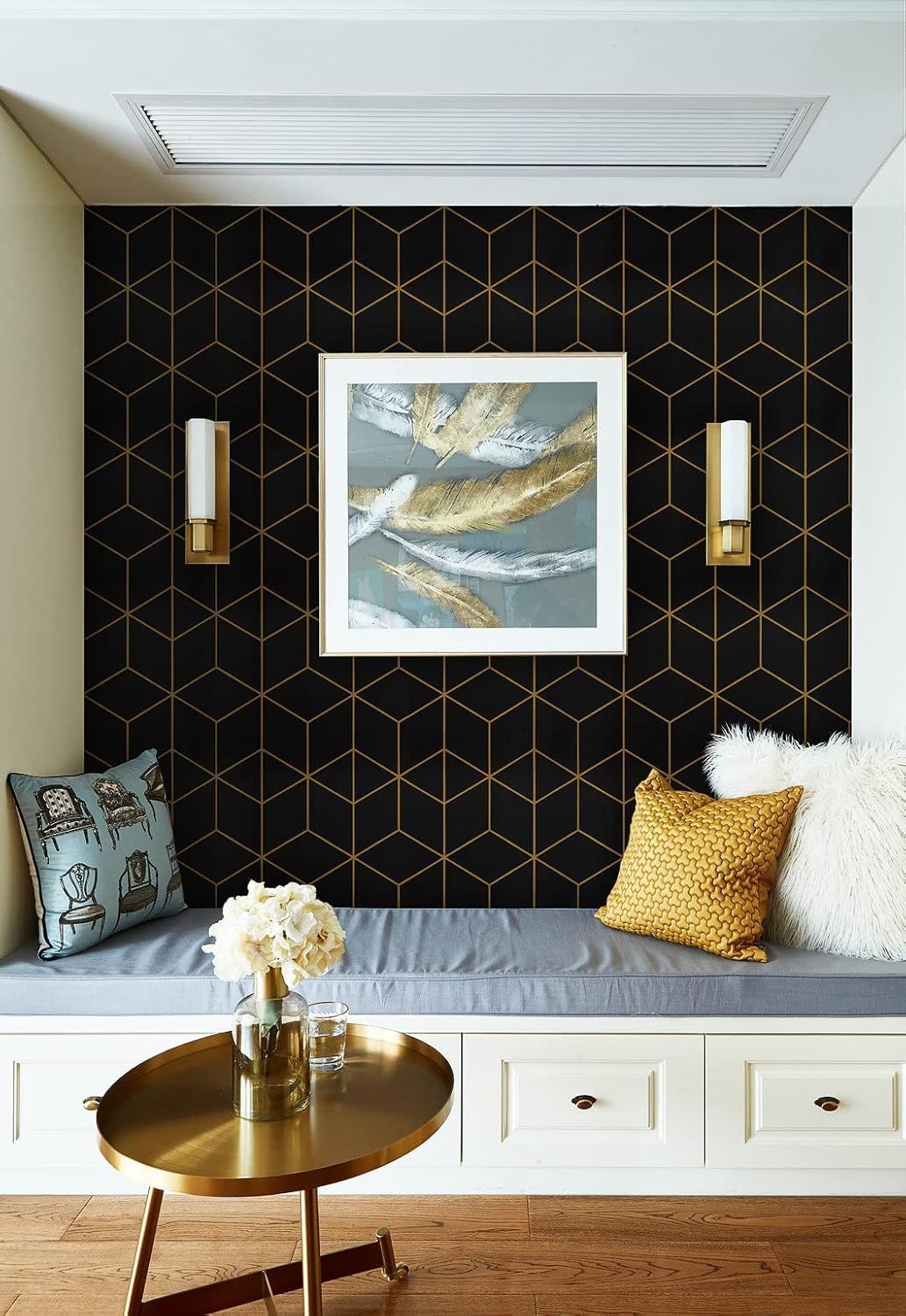 Safiyya 118" x 17.3" Gold and Black Wallpaper Geometric Contact Paper Peel and Stick Wallpaper Removable Self Adhesive Contact Paper for Cabinets and Walls Vinyl Rolls