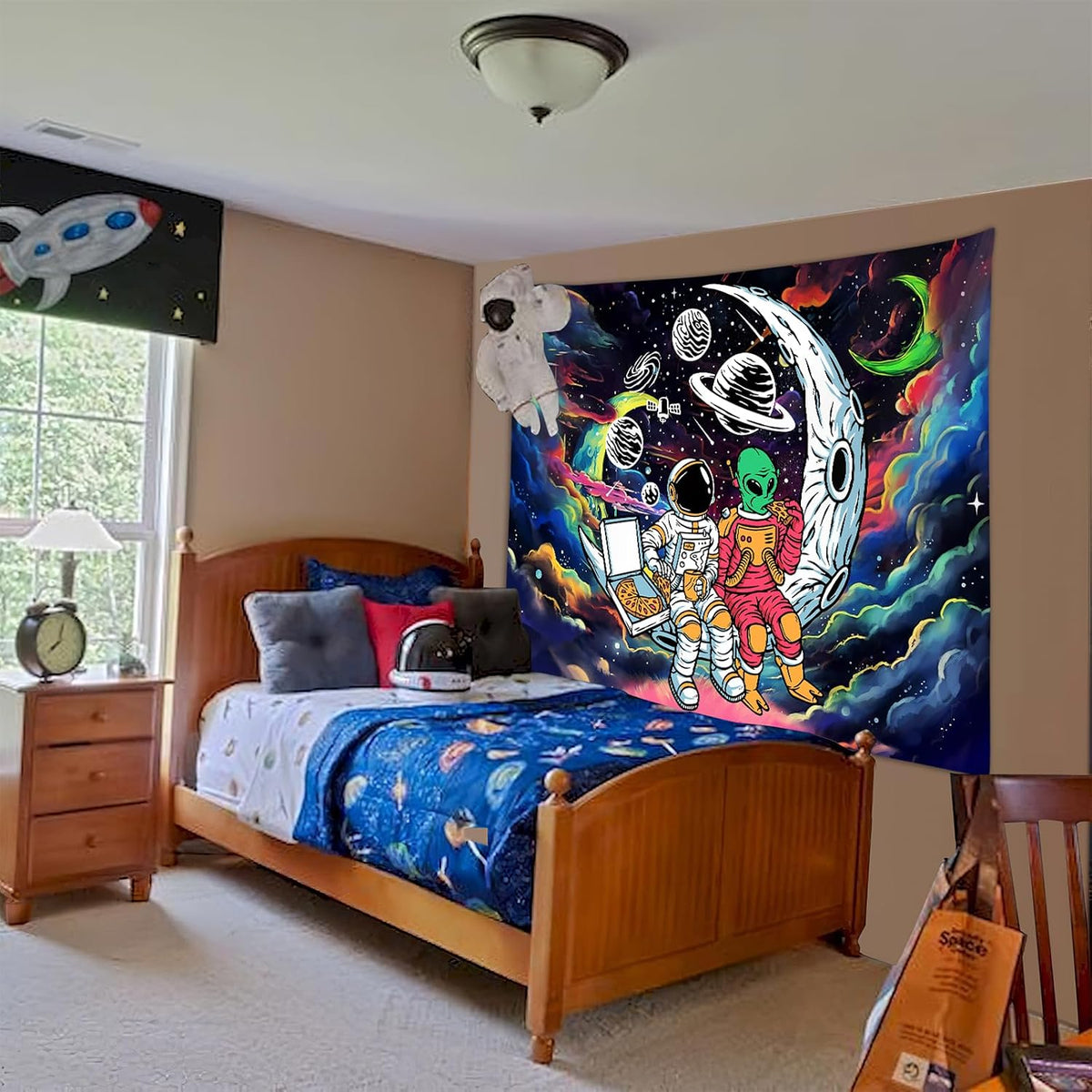 Sanzugh Funny Space Astronaut Alien Tapestry for Men Guys Bedroom, Cool Trippy Universe Planet Art Tapestries Wall Hanging College Dorm Boys Room Decor 60"X40", Psychedelic Blacklight Galaxy Poster