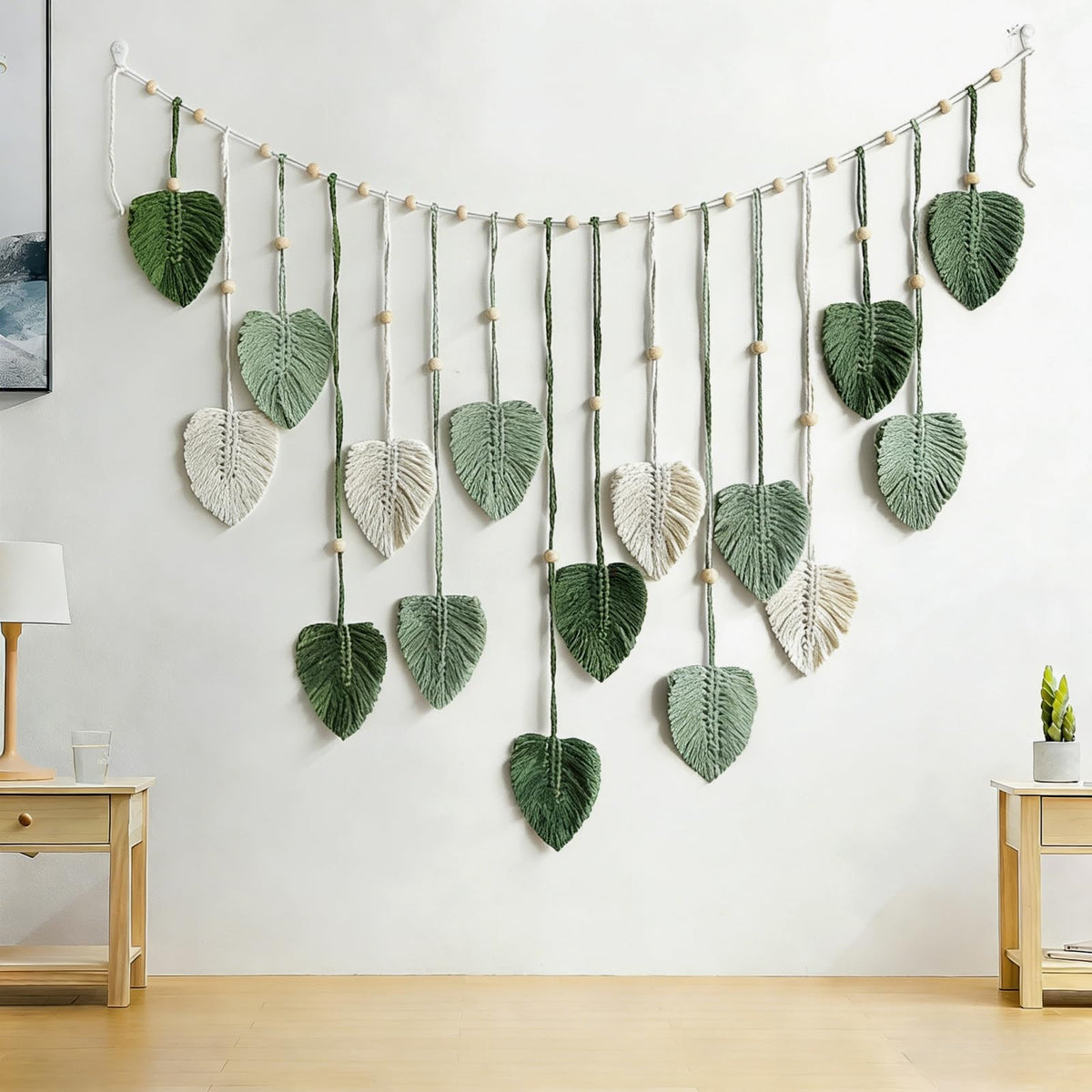 Avoik Macrame Wall Hanging Boho Woven Tapestry Handmade Home Wall Decor Bohemian Leaf Modern Chic Wall Art Green Feather Decorations for Living Room Bedroom Apartment Nursery Farmhouse Backdrop