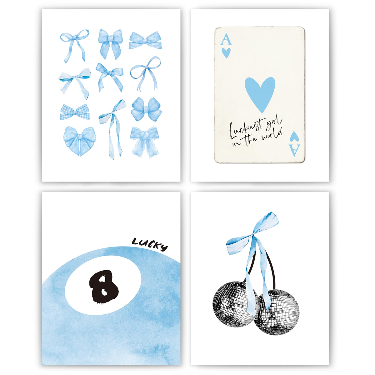 okaxscm Light Blue Coquette Trendy Preppy Wall Art Prints Set of 4,Coquette Preppy Room Decor,Blue Bow Disco 8 Ball Cherry Wall Decor Posters for Girls Bedroom Dorm,12x16 Unframed