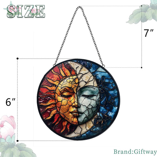 Sun and Moon Decor Suncatcher Stained Glass Window Hanging - Handmade Stained Glass Suncatchers Hanging Decoration with Metal Chain - Outdoor Garden Decor Gift for Women Christmas Thanksgiving Gifts
