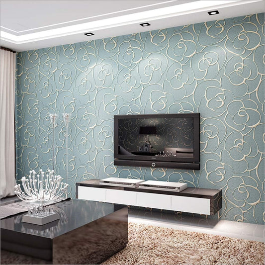 Q QIHANG Modern Minimalist Embossed 3D Rose Flower Wallpaper, Light Blue