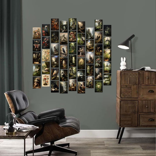 TWNSLLA Dark Cottagecore Decor,Cottagecore Wall Decor Dark Academia Aesthetic Pictures,Moody Forest Mushroom Wall Art,Grunge Wall Collage Kit,Vintage Nature Posters Animal Pictures for Bedroom Dorm,Unframed,4x6inch,50pcs