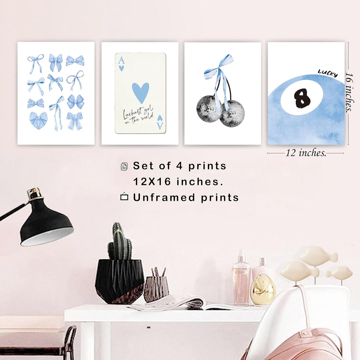 okaxscm Light Blue Coquette Trendy Preppy Wall Art Prints Set of 4,Coquette Preppy Room Decor,Blue Bow Disco 8 Ball Cherry Wall Decor Posters for Girls Bedroom Dorm,12x16 Unframed