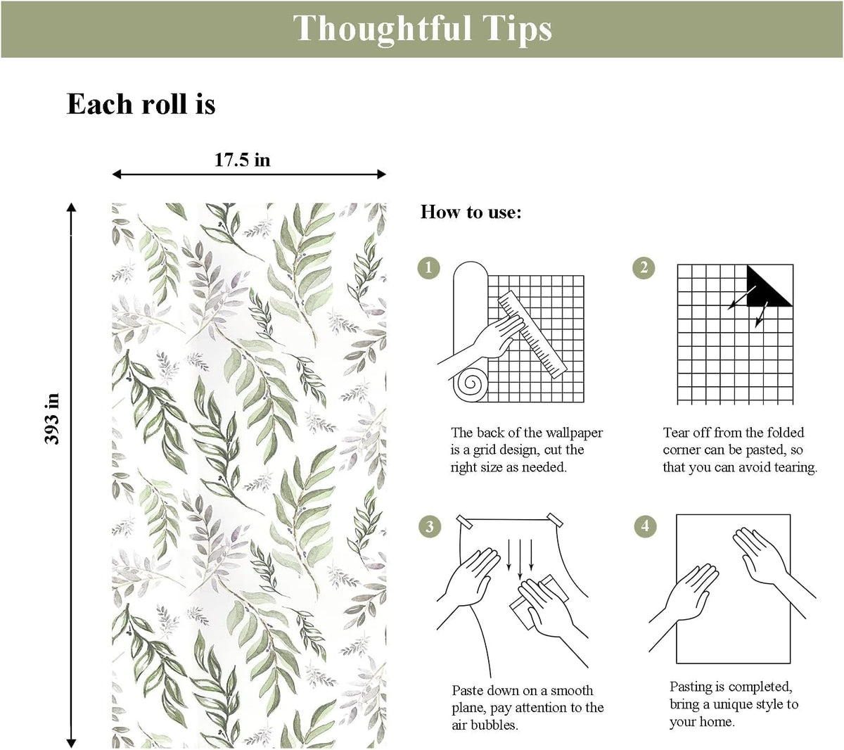 Laatse Light Sage Green Leaf Floral Wallpaper Peel and Stick 17.5"x393"