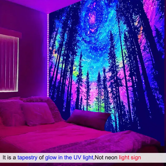 UV black light neon galaxy forest tapestry.Polyester fluorescent banner for game room, dorm, living room, bedroom, office, or balcony decorations.Suitable for indoor/outdoor home, gaming club, or party decor.
