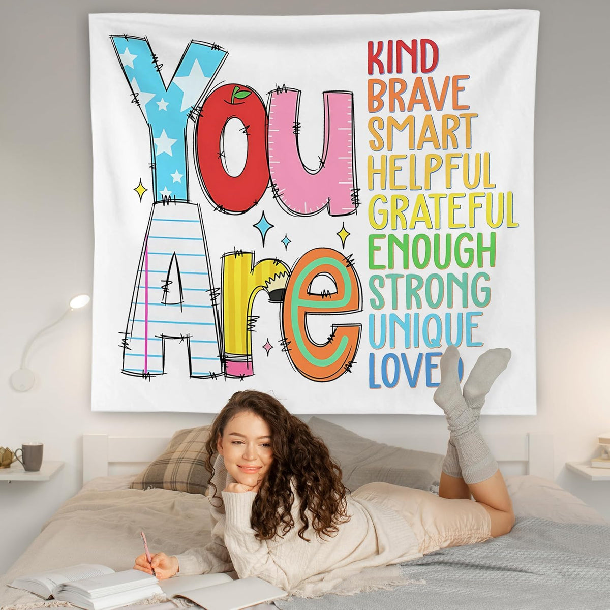 WNAGT Positive Affirmations for Kids Tapestry Wall Hanging, Kids Affirmation Wall Decor, You Are Kind Brave Smart Inspirational Wall Blanket Decor for Kid Room Classroom Nursery Playroom, 50x60 Inch