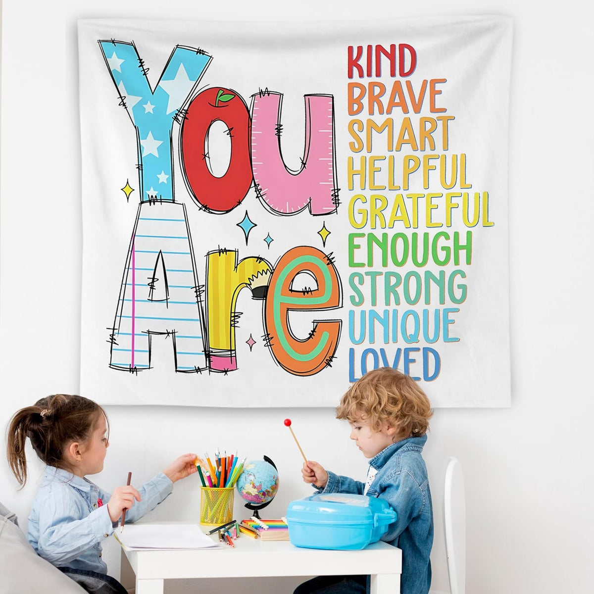 WNAGT Positive Affirmations for Kids Tapestry Wall Hanging, Kids Affirmation Wall Decor, You Are Kind Brave Smart Inspirational Wall Blanket Decor for Kid Room Classroom Nursery Playroom, 50x60 Inch