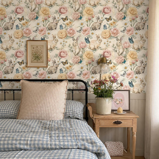 VaryStyle Bunny Floral Wallpaper Peel and Stick Vintage Beige, 17.7"x118"