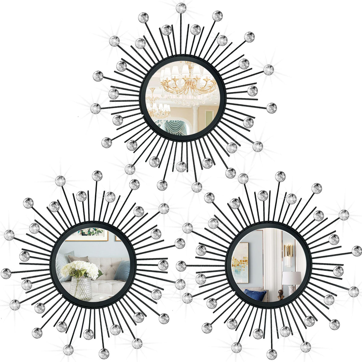 3 Pack Metal Mirrors for Wall Sunburst Wall Mirrors Home Décor Decorative Hanging Wall Art for Living Room Bedroom Entryway (Gold, Flower+Sunburst)