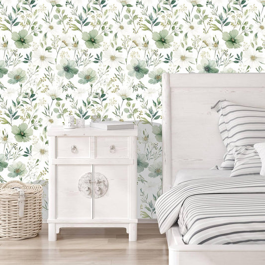 Sage Green Floral Peel and Stick Wallpaper 17.7" x 118"