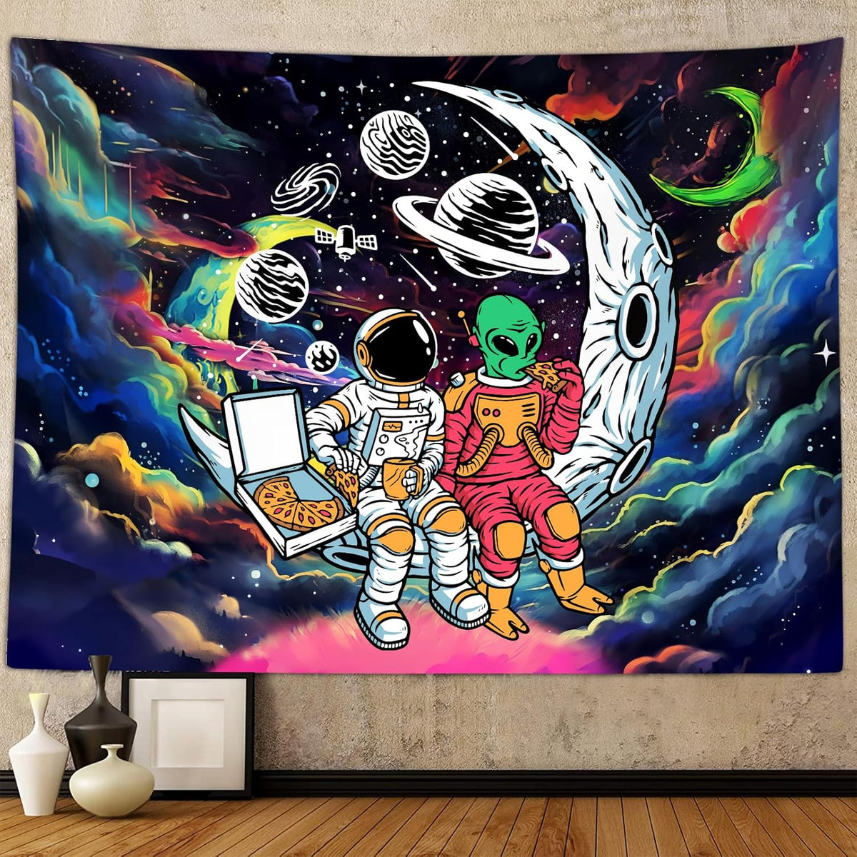 Sanzugh Funny Space Astronaut Alien Tapestry for Men Guys Bedroom, Cool Trippy Universe Planet Art Tapestries Wall Hanging College Dorm Boys Room Decor 60"X40", Psychedelic Blacklight Galaxy Poster