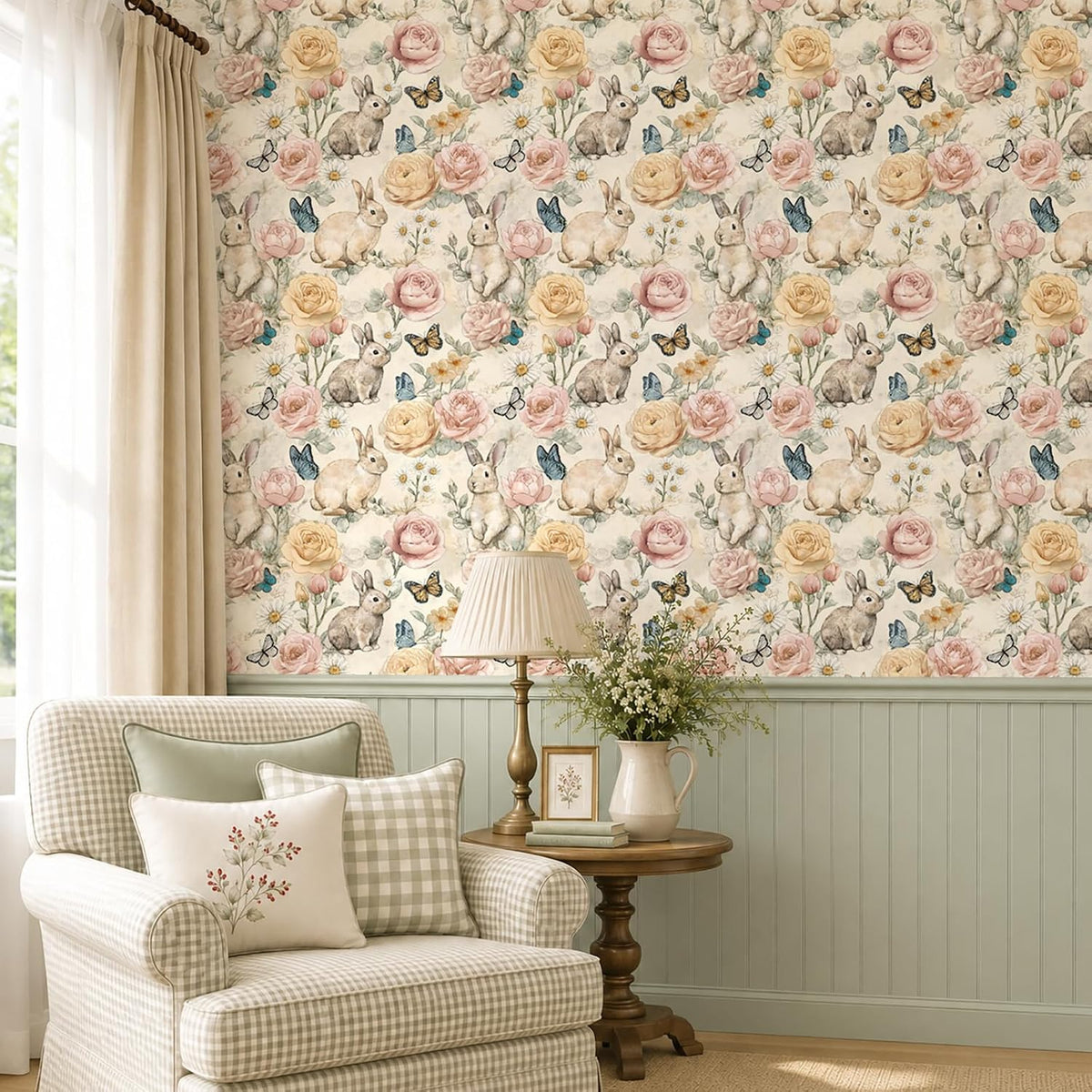 VaryStyle Bunny Floral Wallpaper Peel and Stick Vintage Beige, 17.7"x118"