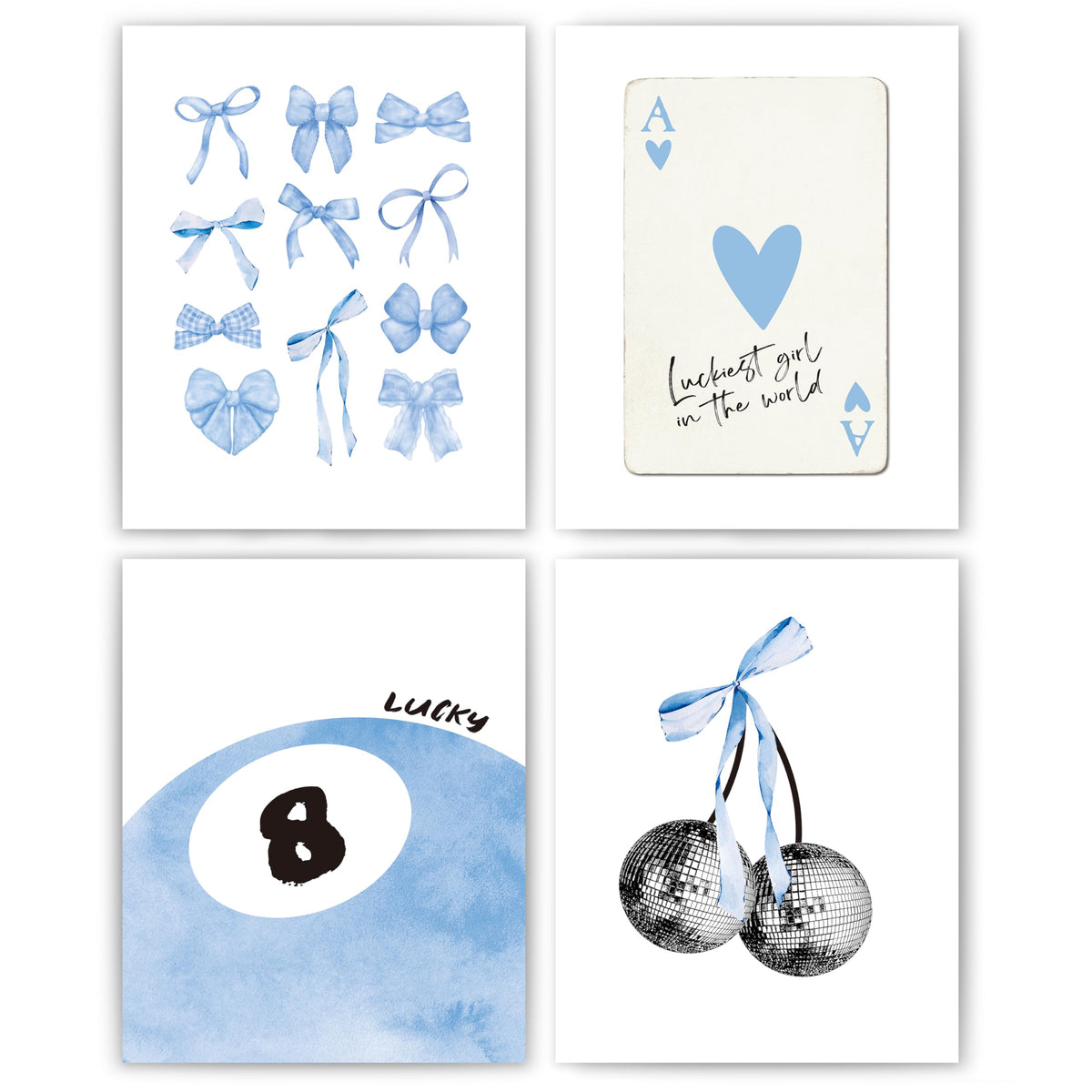 okaxscm Light Blue Coquette Trendy Preppy Wall Art Prints Set of 4,Coquette Preppy Room Decor,Blue Bow Disco 8 Ball Cherry Wall Decor Posters for Girls Bedroom Dorm,12x16 Unframed