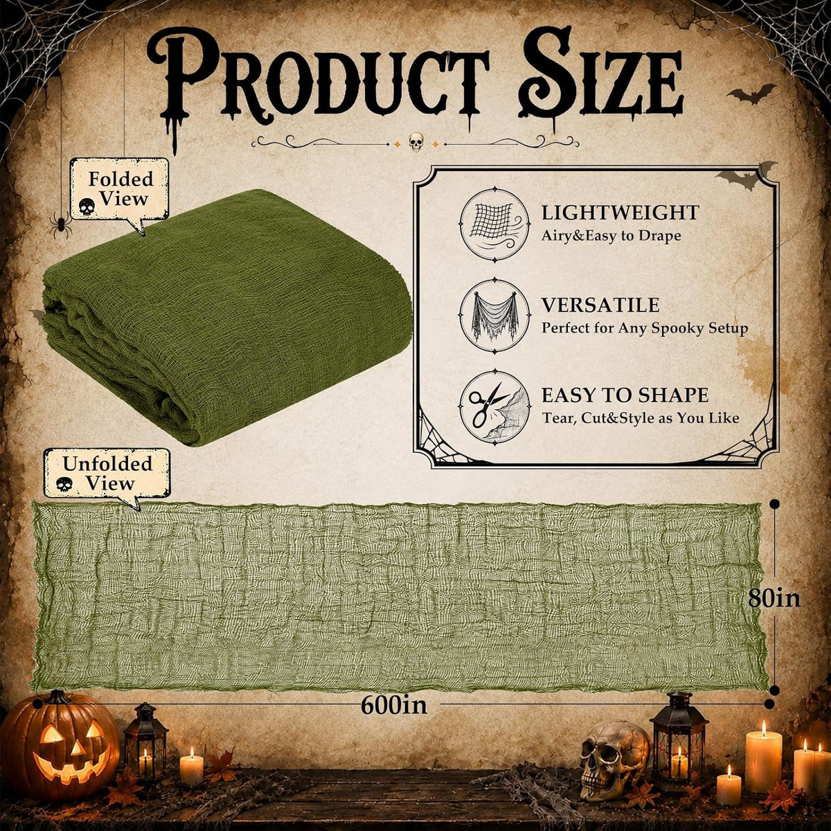 600 x 80 in Halloween Creepy Cloth for Yard and Outdoor Decorations, Green