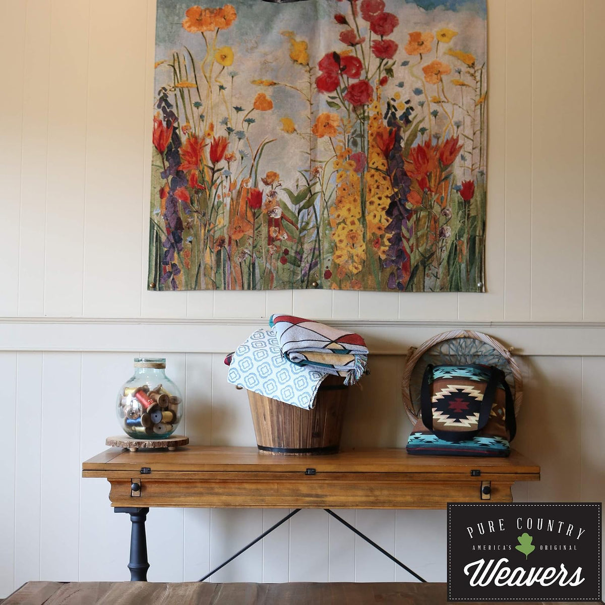 Blossoming Almond Tree by Vincent van Gogh | Woven Tapestry Wall Art Hanging | Contrasting Scenery with White Flowers | 100% Cotton USA Size 35x35