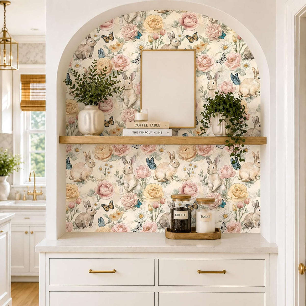 VaryStyle Bunny Floral Wallpaper Peel and Stick Vintage Beige, 17.7"x118"
