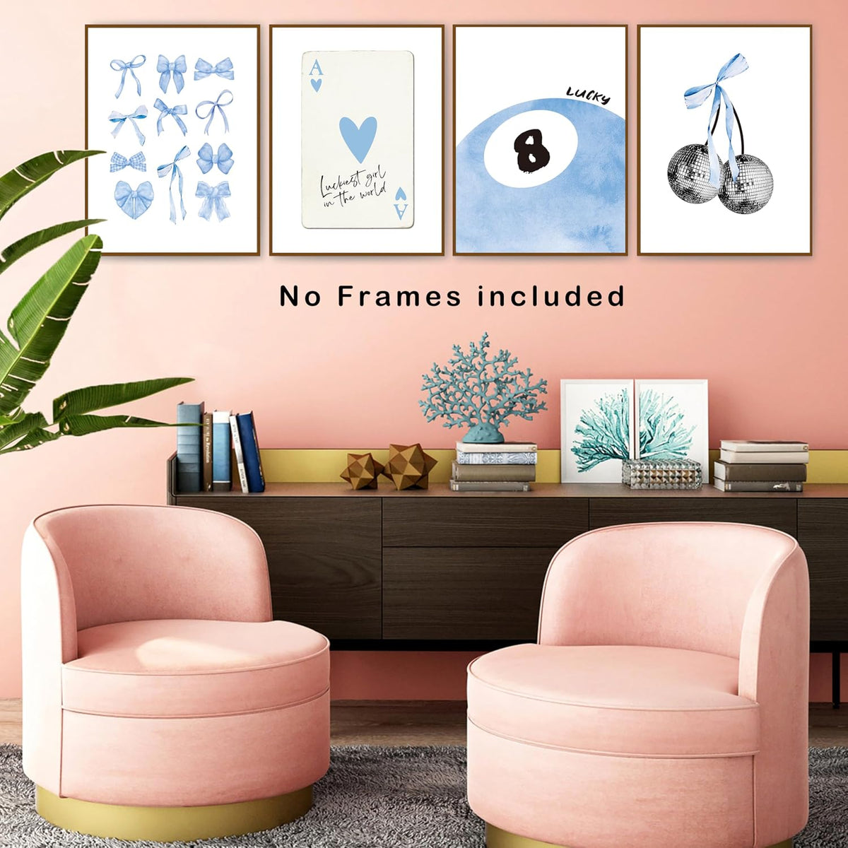 okaxscm Light Blue Coquette Trendy Preppy Wall Art Prints Set of 4,Coquette Preppy Room Decor,Blue Bow Disco 8 Ball Cherry Wall Decor Posters for Girls Bedroom Dorm,12x16 Unframed