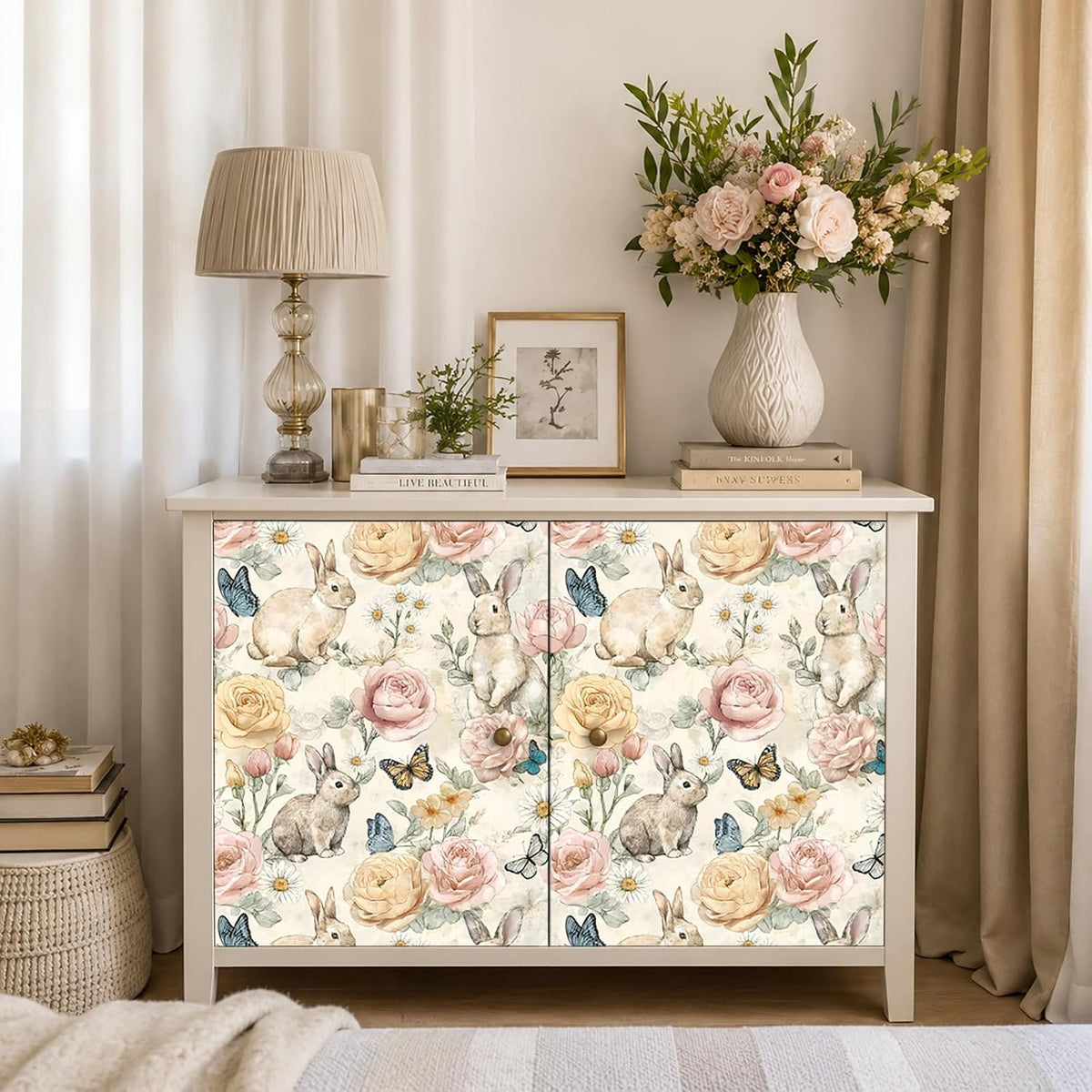 VaryStyle Bunny Floral Wallpaper Peel and Stick Vintage Beige, 17.7"x118"
