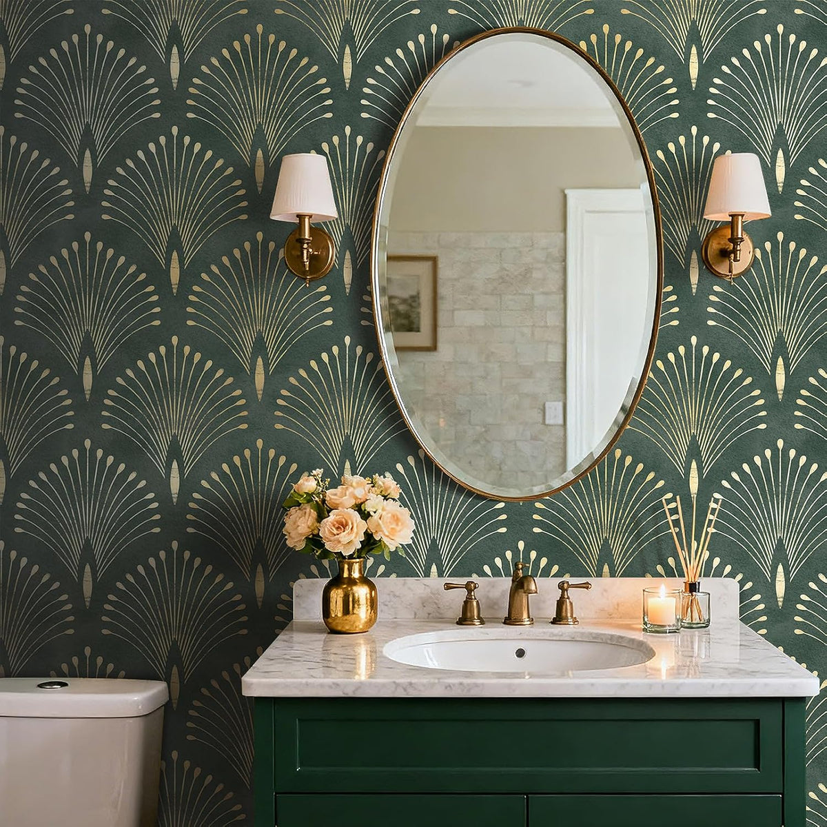 17.5x393 Art Deco Peel and Stick Wallpaper Geometric Dark Green and Gold Wallpaper for Bathroom Living Room Accent Wall Cover Waterproof Classy Vinyl Contact Paper for Cabinets Shelf Liner