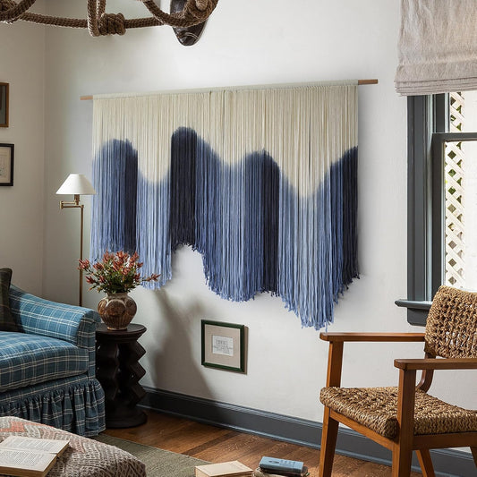 Macrame Wall Hanging Blue Large Hand-Dyed Ombre Fiber Tapestry 57"W*39"L