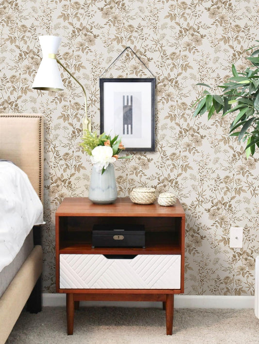 Erfoni Boho Floral Peel and Stick Wallpaper Beige Flower Leaf Contact Paper
