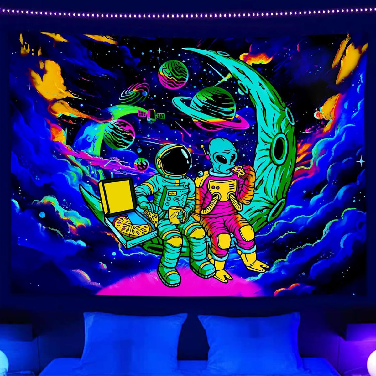Sanzugh Funny Space Astronaut Alien Tapestry for Men Guys Bedroom, Cool Trippy Universe Planet Art Tapestries Wall Hanging College Dorm Boys Room Decor 60"X40", Psychedelic Blacklight Galaxy Poster