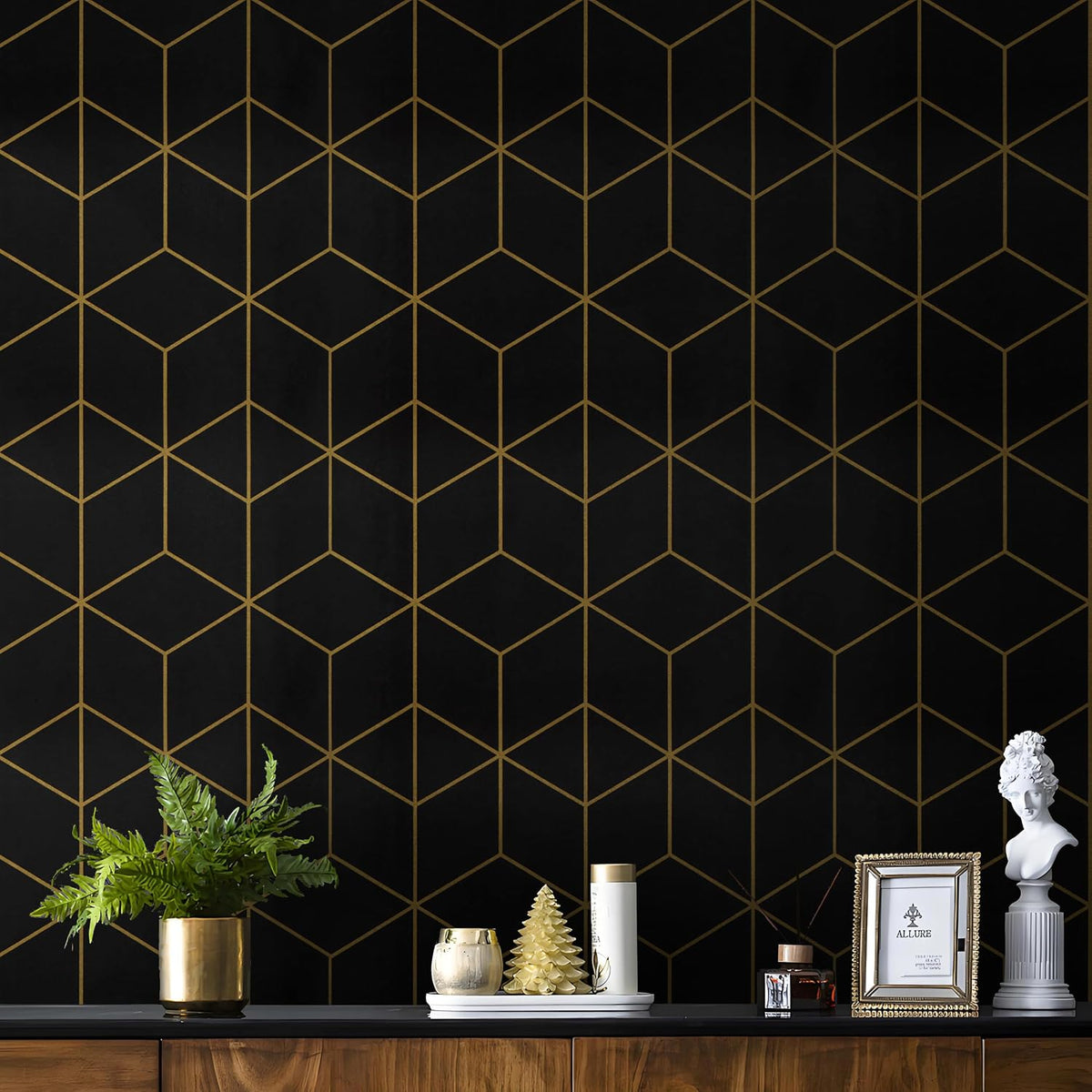 Safiyya 118" x 17.3" Gold and Black Wallpaper Geometric Contact Paper Peel and Stick Wallpaper Removable Self Adhesive Contact Paper for Cabinets and Walls Vinyl Rolls