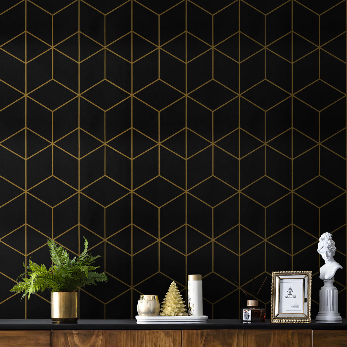 Safiyya 118" x 17.3" Gold and Black Wallpaper Geometric Contact Paper Peel and Stick Wallpaper Removable Self Adhesive Contact Paper for Cabinets and Walls Vinyl Rolls