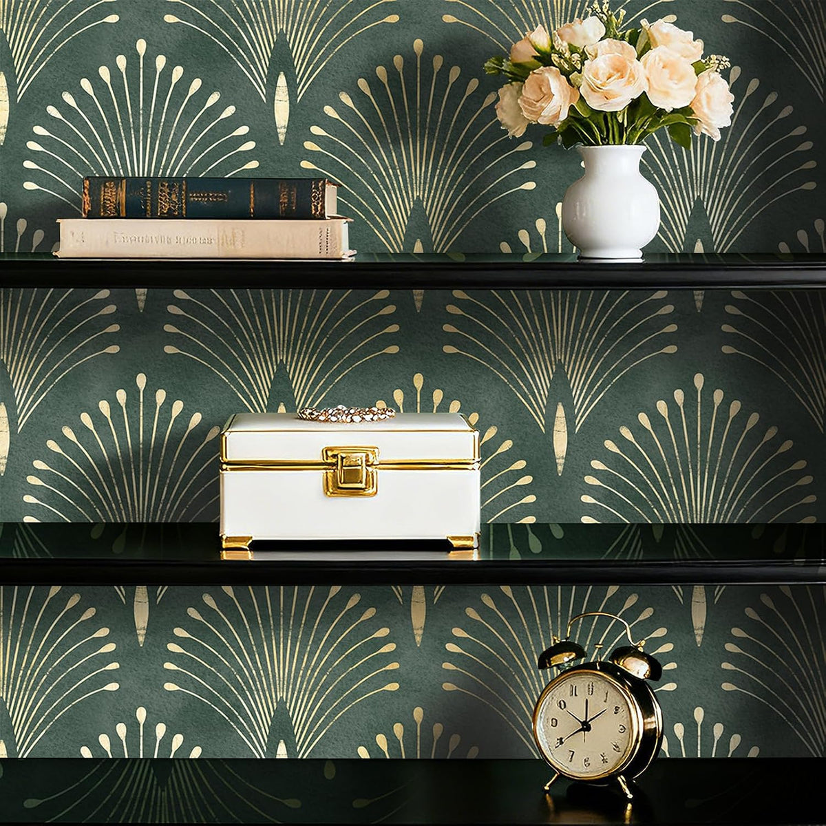 17.5x393 Art Deco Peel and Stick Wallpaper Geometric Dark Green and Gold Wallpaper for Bathroom Living Room Accent Wall Cover Waterproof Classy Vinyl Contact Paper for Cabinets Shelf Liner