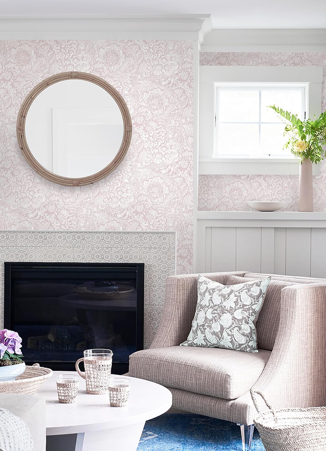 Peel and Stick Wallpaper Boho Pink and White Floral Wallpaper for Bedroom Bathroom Removable Self-adhsive Contact Paper for Cabinets Nursery Shelf Liner 17.3" x 394"