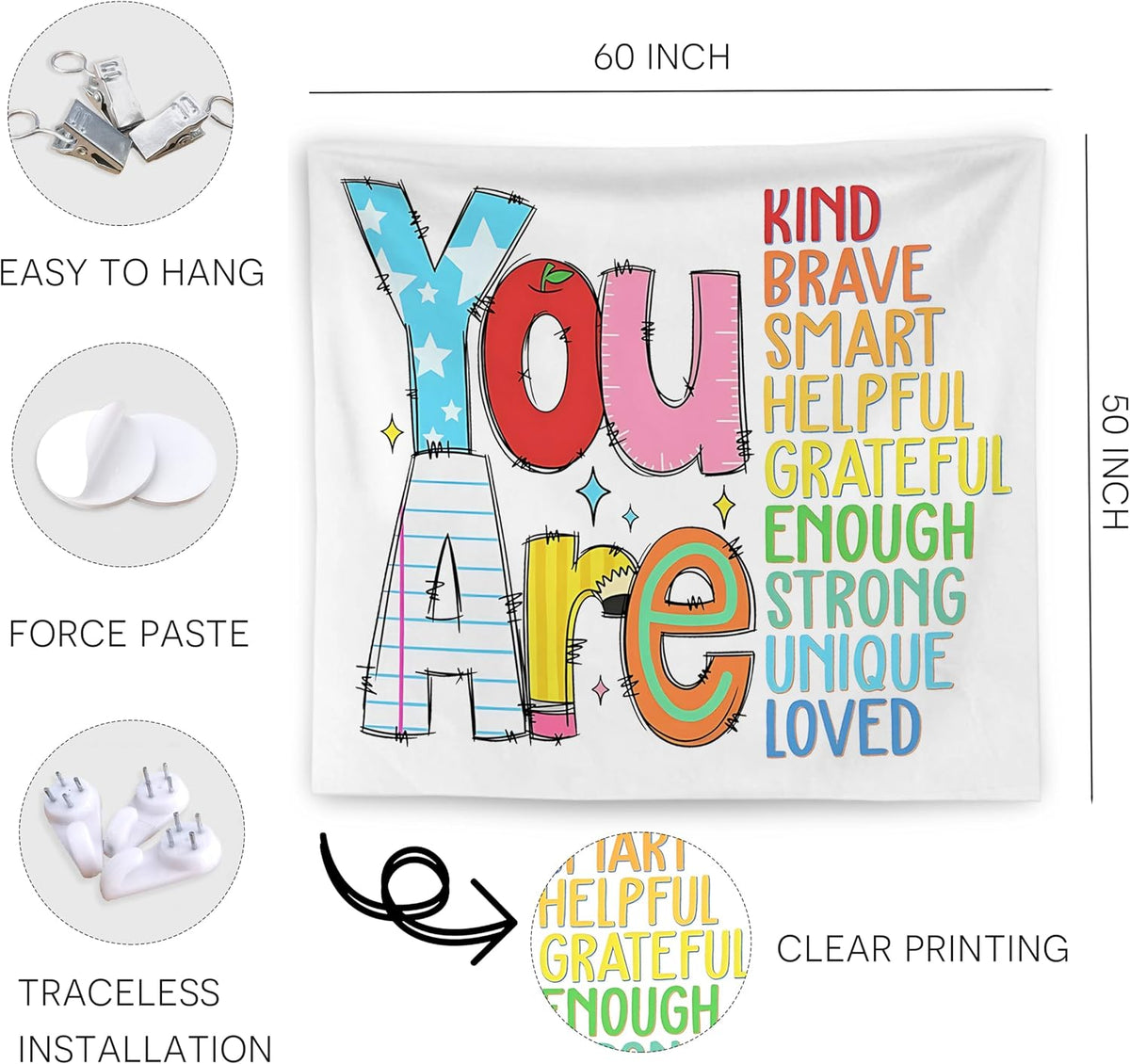 WNAGT Positive Affirmations for Kids Tapestry Wall Hanging, Kids Affirmation Wall Decor, You Are Kind Brave Smart Inspirational Wall Blanket Decor for Kid Room Classroom Nursery Playroom, 50x60 Inch