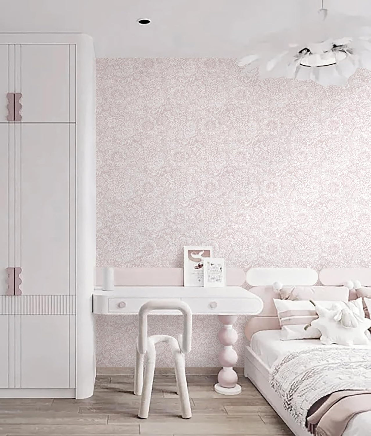 Peel and Stick Wallpaper Boho Pink and White Floral Wallpaper for Bedroom Bathroom Removable Self-adhsive Contact Paper for Cabinets Nursery Shelf Liner 17.3" x 394"