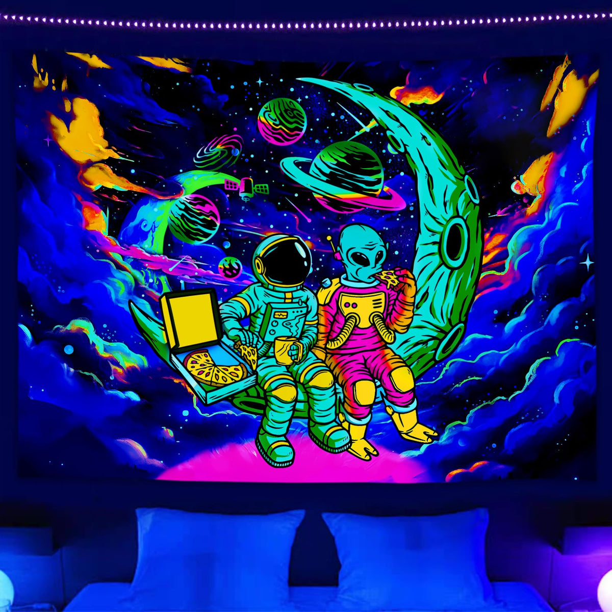 Sanzugh Funny Space Astronaut Alien Tapestry for Men Guys Bedroom, Cool Trippy Universe Planet Art Tapestries Wall Hanging College Dorm Boys Room Decor 60"X40", Psychedelic Blacklight Galaxy Poster