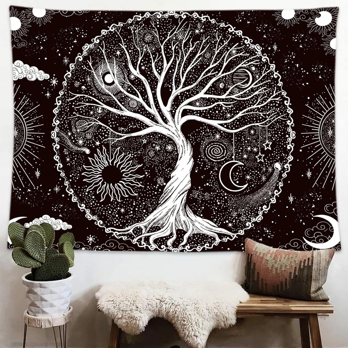 Wonrizon Tree of Life Tapestry,Black and White Galaxy Space Tapestries Aesthetic Psychedelic Wall Hanging decor for Living Room Bedroom (51.2" x 59.1")