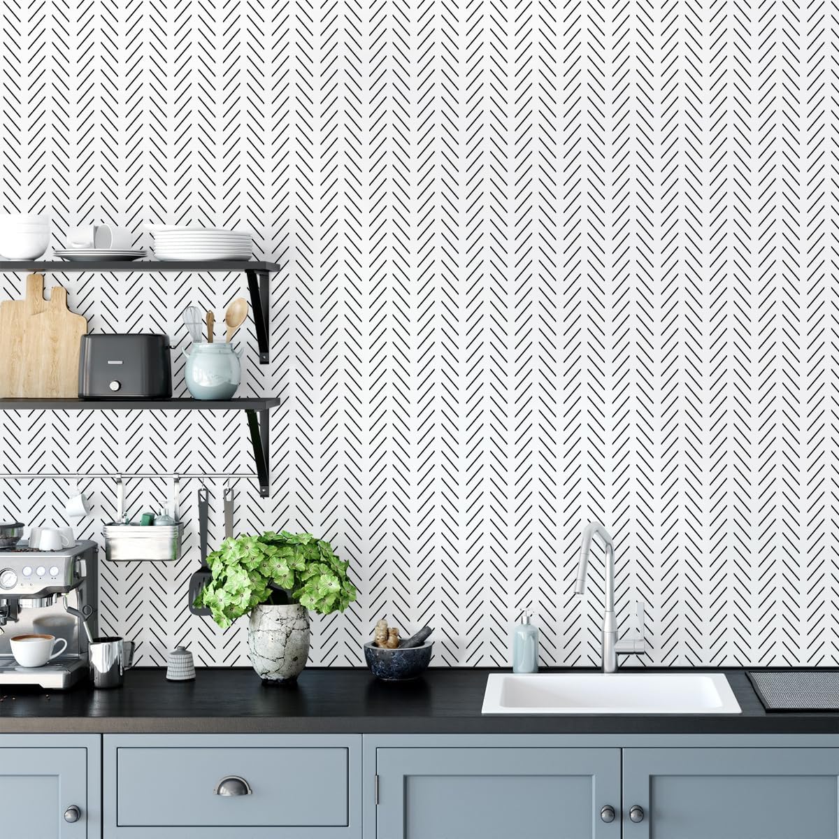 Erfoni Black and White Peel and Stick Wallpaper Herringbone Contact Paper