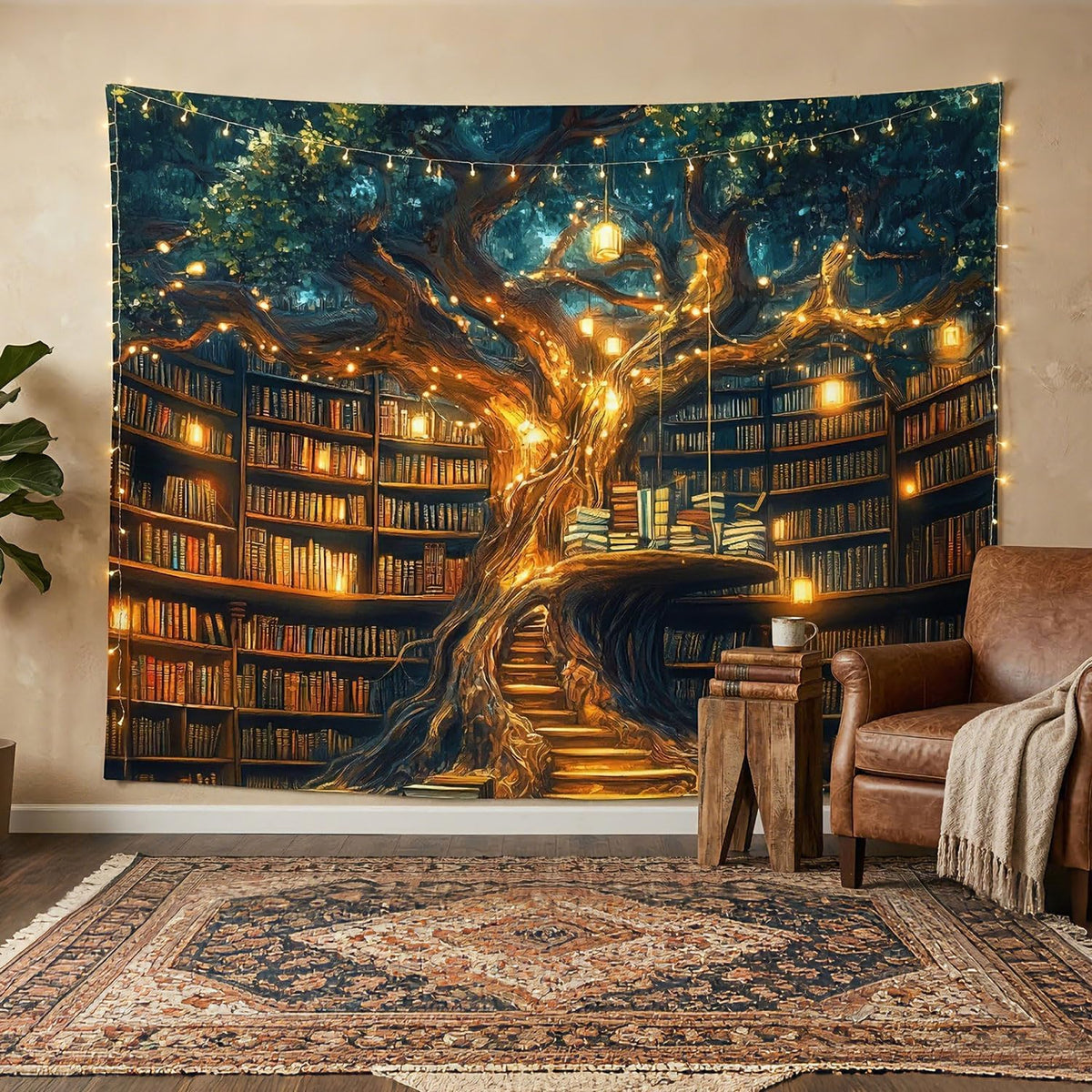 GOAOK Fantasy Library Tapestry For Classroom, Mysterious Tree Magic Bookshelf Aesthetic Tapestries, Witchy Fairytale Tree Vintage Bookshelf Book Art Tapestry Wall Hanging College Room Bedroom, 60"X40"