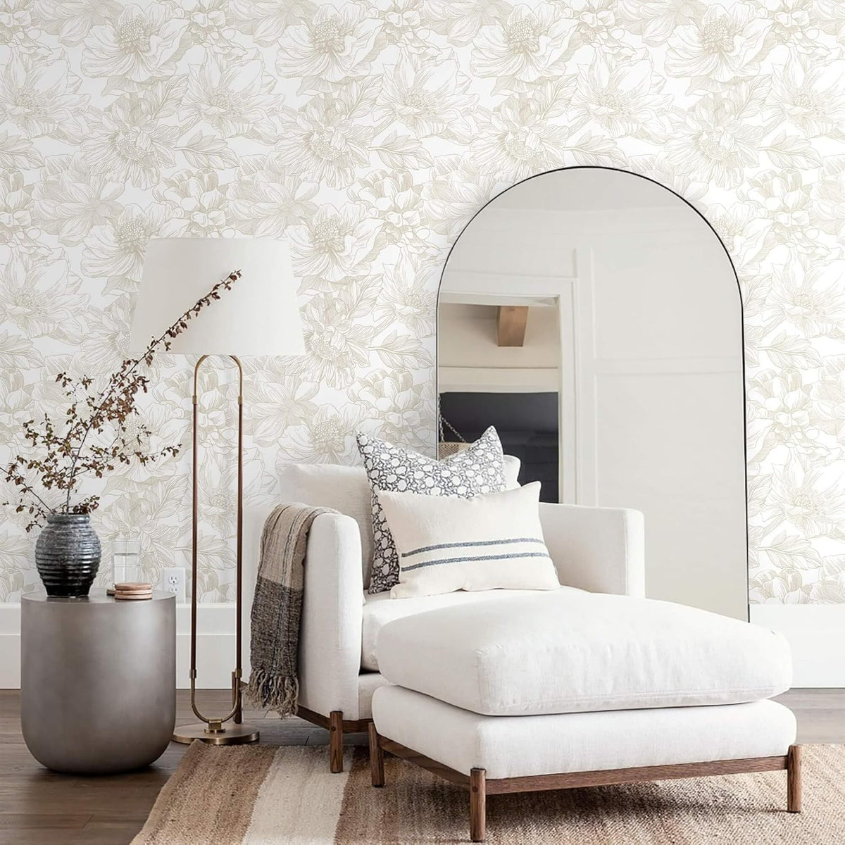 Ismoon Large Floral Peel and Stick Wallpaper Boho Beige Contact Paper 17.3inx6.5ft Neutral Wall Paper Removable Self Adhesive Wallpaper Bedroom Cabinet Bathroom Waterproof Mural Wall Decor Vinyl Roll