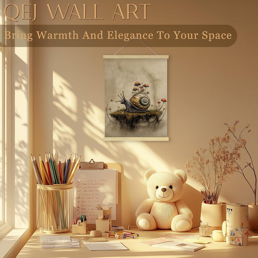 QEJ Vintage Boho Snail Mushroom Wall Art Decor, Moody Snail Canvas Poster Hanger Frame, Cottagecore Floral Botanical Wall Decorations for Bedroom Living Room Home Decor, 12x16 Inch